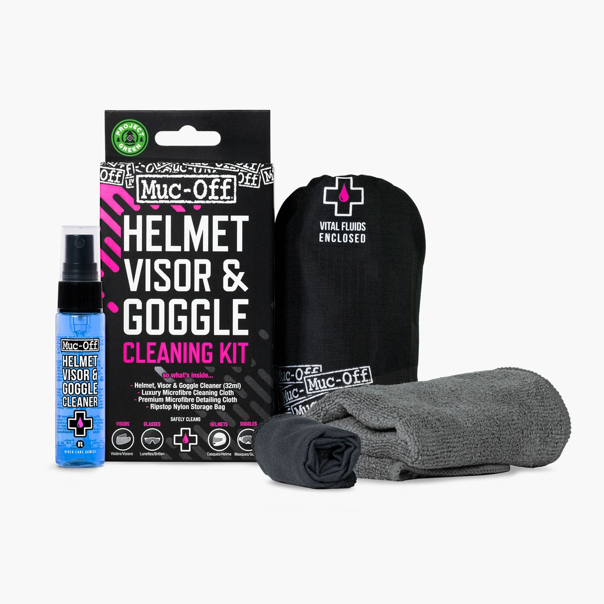 Muc-OFF Kit per la pulizia di casco, visiera e maschere moto 32 ml con Panni in Microfibra