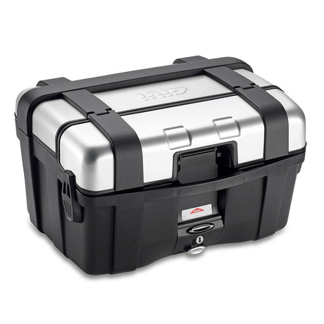 GIVI TRK46N VALIGIA NERA 46 LT. CON FINITURA IN ALLUMINIO ANODIZZATO DOTATA DI SPORTELLO DI APERTURA SUPERIORE. alexmotostore