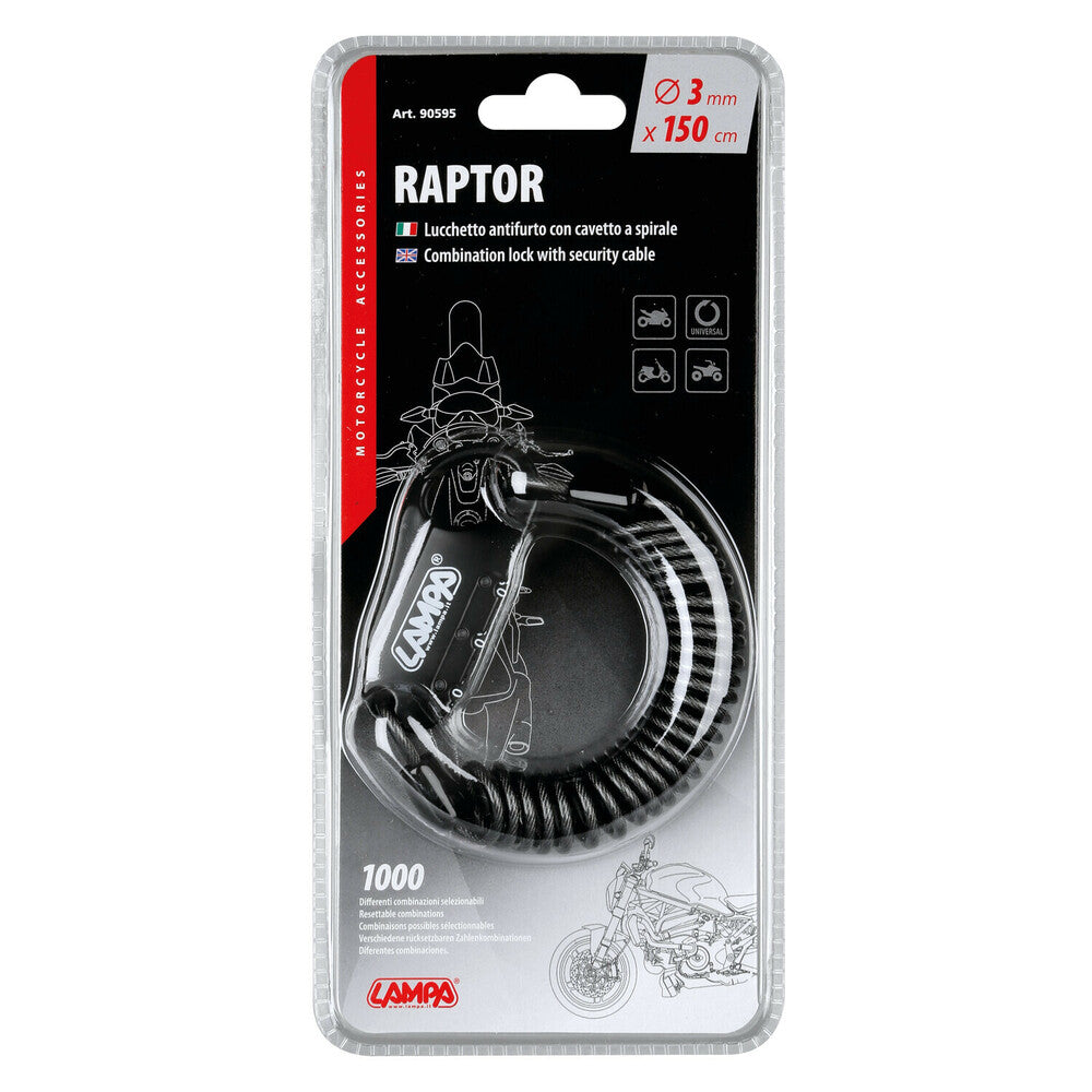 LAMPA Art. 90595 Raptor, lucchetto antifurto con cavo a spirale - 150 cm alexmotostore